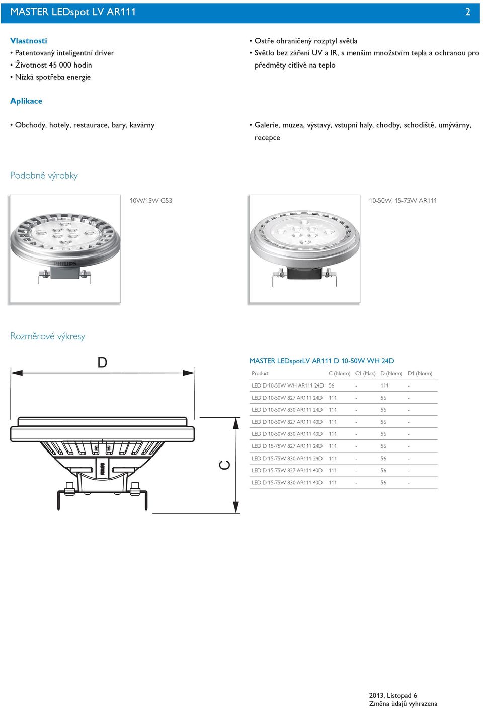 umývárny, recepce Podobné výrobky 0W/W G3 0-W, -7W AR Rozměrové výkresy D MASTER LEDspotLV AR D 0-W WH Product C (Norm) C (Max) D (Norm) D (Norm) LED D 0-W WH AR 6 - - LED D