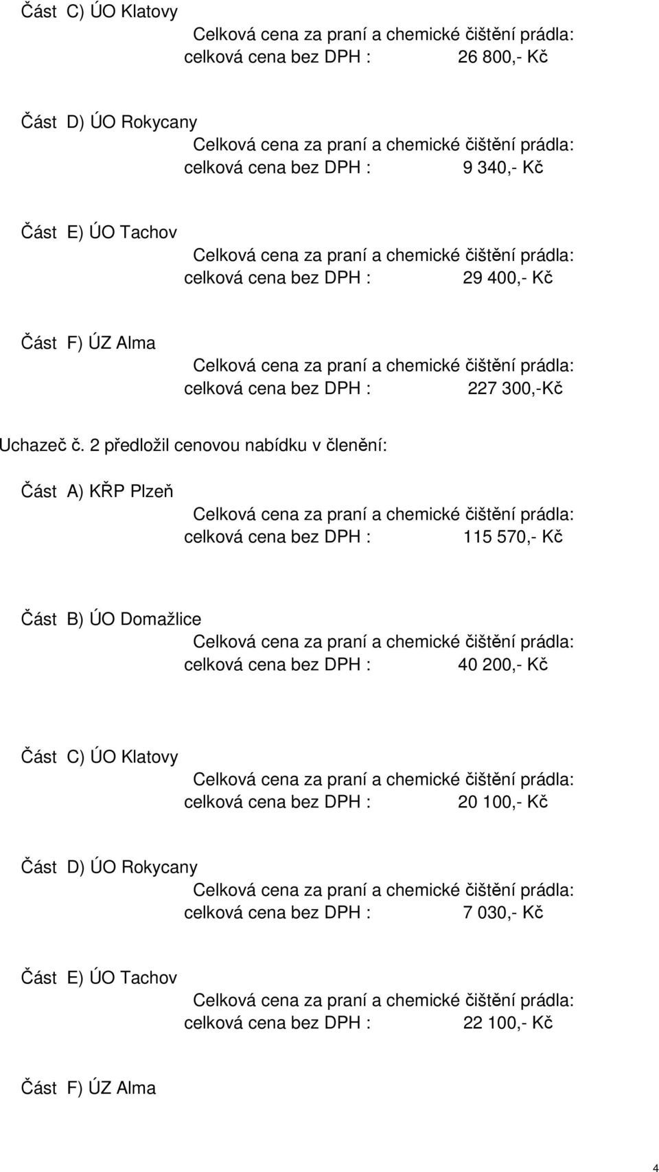 2 předložil cenovou nabídku v členění: Část A) KŘP Plzeň 115 570,- Kč Část B) ÚO