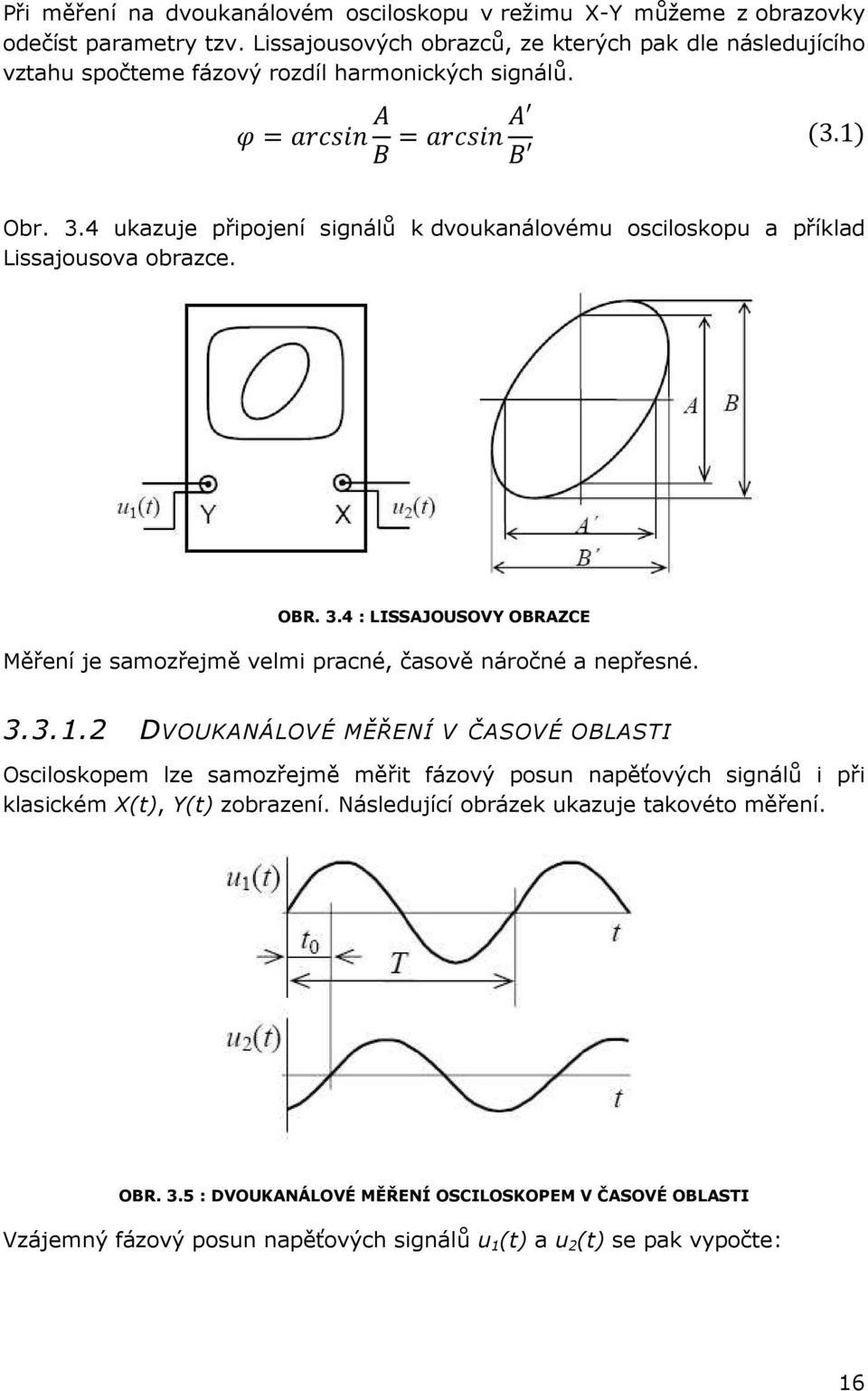 4 ukazuje připojení signálů k dvoukanálovému osciloskopu a příklad Lissajousova obrazce. OBR. 3.4 : LISSAJOUSOVY OBRAZCE Měření je samozřejmě velmi pracné, časově náročné a nepřesné.