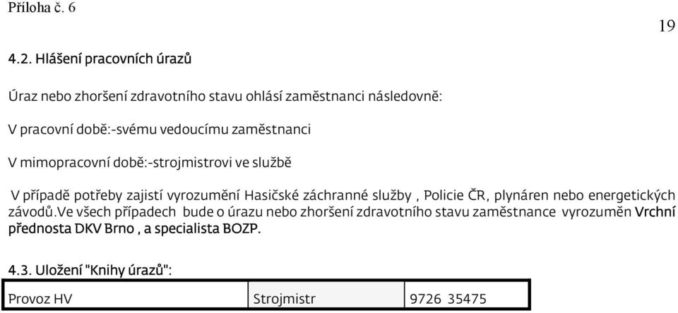 vedoucímu zaměstnanci V mimopracovní době:-strojmistrovi ve službě V případě potřeby zajistí vyrozumění Hasičské záchranné