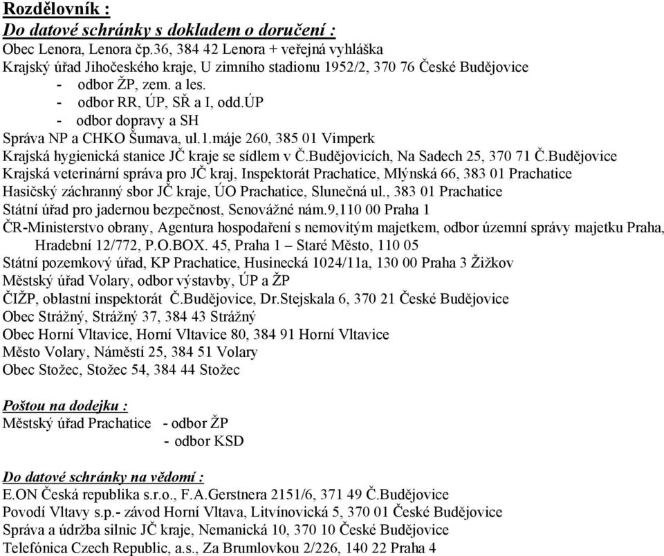 úp - odbor dopravy a SH Správa NP a CHKO Šumava, ul.1.máje 260, 385 01 Vimperk Krajská hygienická stanice JČ kraje se sídlem v Č.Budějovicích, Na Sadech 25, 370 71 Č.