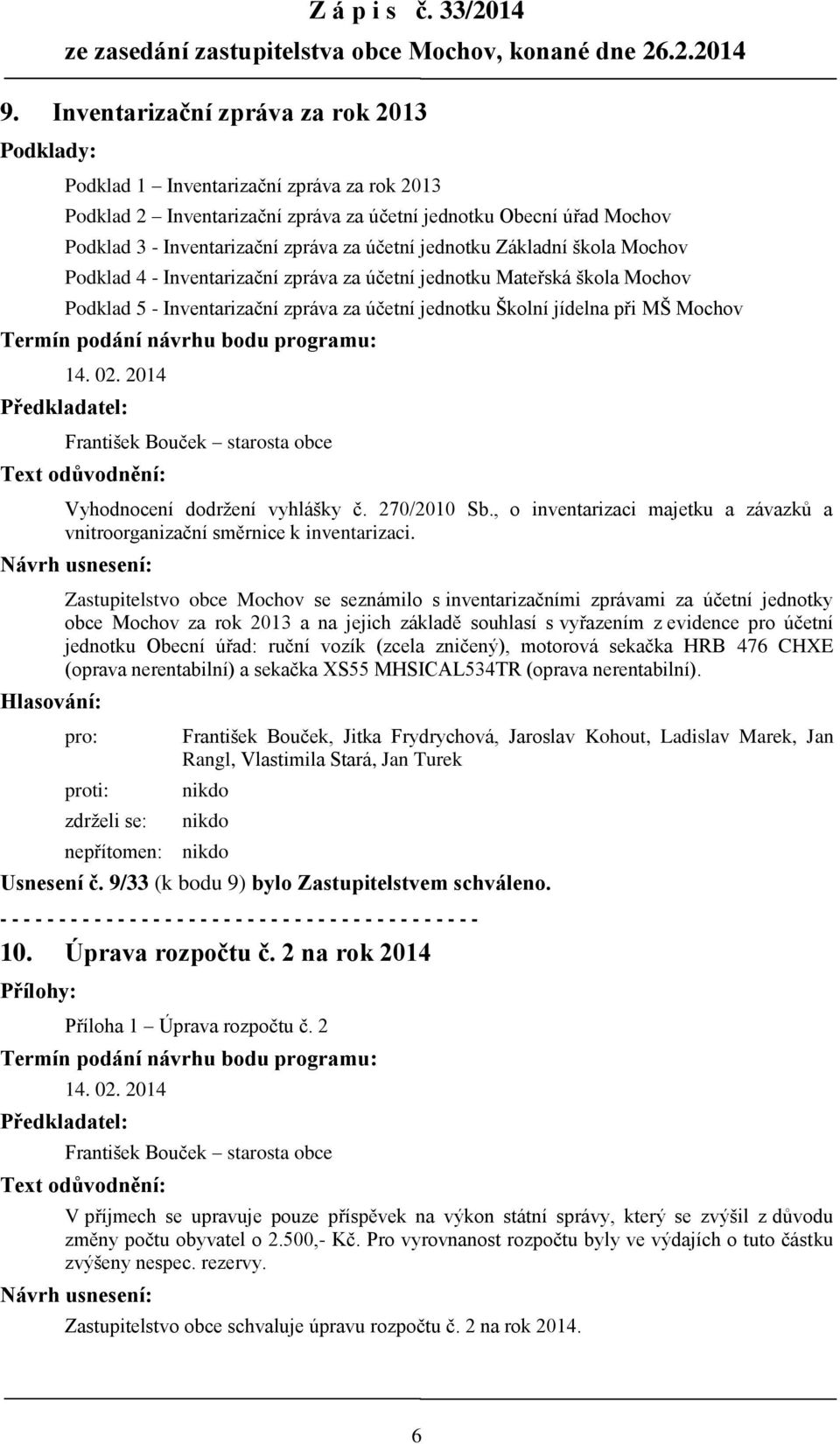 účetní jednotku Základní škola Mochov Podklad 4 - Inventarizační zpráva za účetní jednotku Mateřská škola Mochov Podklad 5 - Inventarizační zpráva za účetní jednotku Školní jídelna při MŠ Mochov 14.