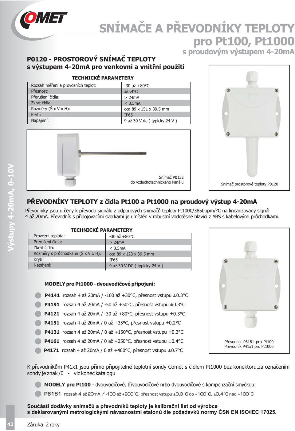 5 mm IP65 9 až 30 V dc ( typicky 4 V ) s proudovým výstupem 40mA Výstupy 40mA, 010V Snímač P013 do vzduchotechnického kanálu PŘEVODNÍKY TEPLOTY z čidla Pt100 a Pt1000 na proudový výstup 40mA