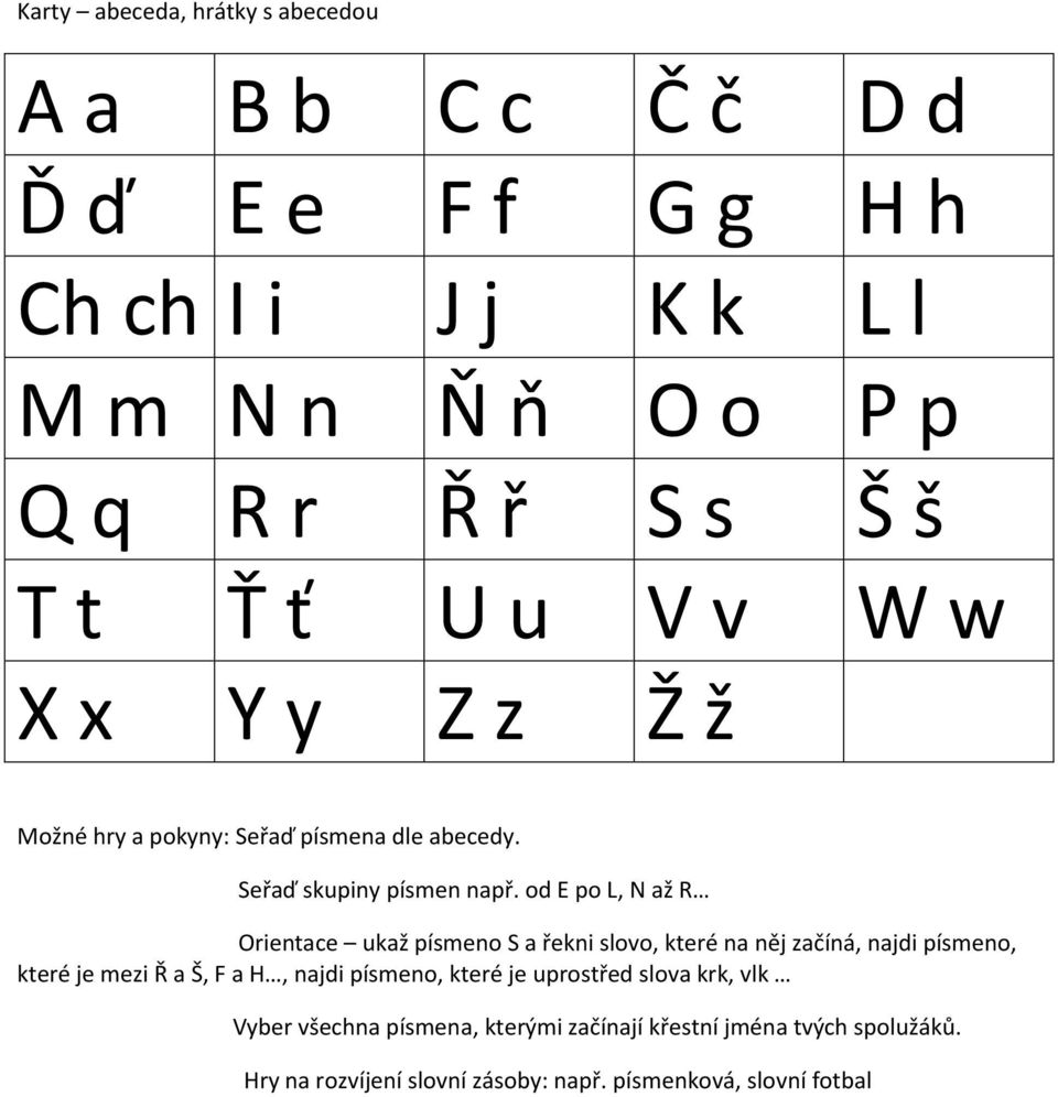 od E po L, N až R Orientace ukaž písmeno S a řekni slovo, které na něj začíná, najdi písmeno, které je mezi Ř a Š, F a H, najdi písmeno,