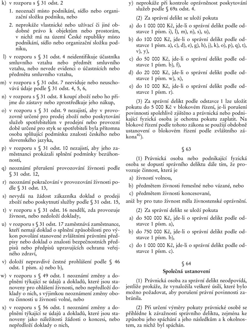 4 neidentifikuje účastníka smluvního vztahu nebo předmět smluvního vztahu, nebo nevede evidenci o účastnících nebo předmětu smluvního vztahu, m) v rozporu s 31 odst.