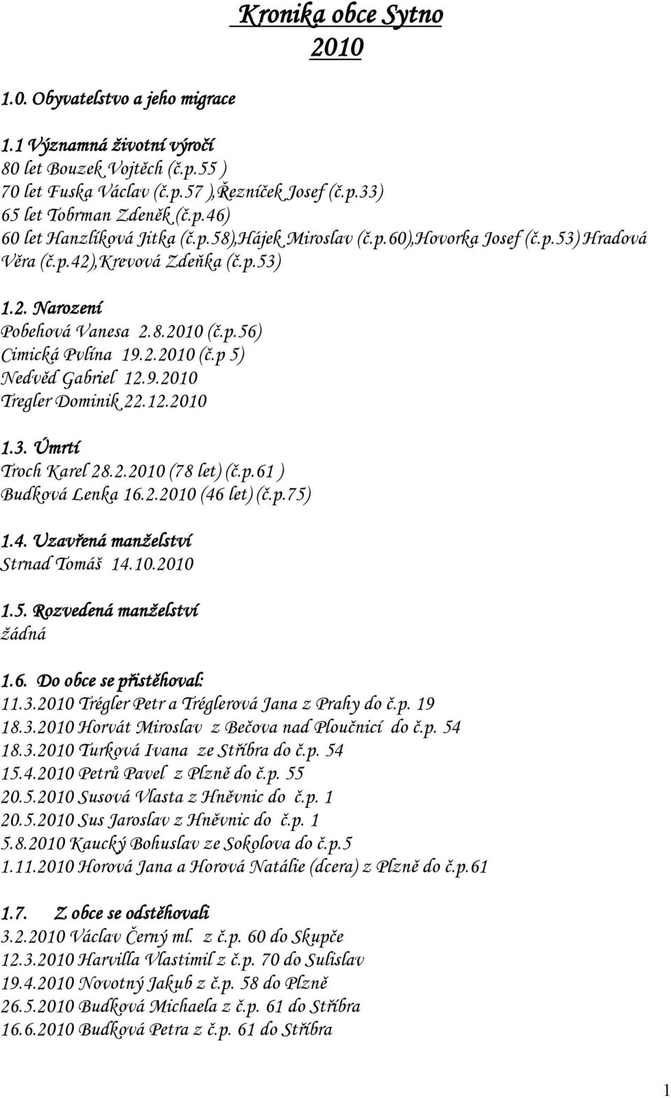 12.2010 1.3. Úmrtí Troch Karel 28.2.2010 (78 let) (č.p.61 ) Budková Lenka 16.2.2010 (46 let) (č.p.75) 1.4. Uzavřená manželství Strnad Tomáš 14.10.2010 1.5. Rozvedená manželství žádná 1.6. Do obce se přistěhoval: 11.