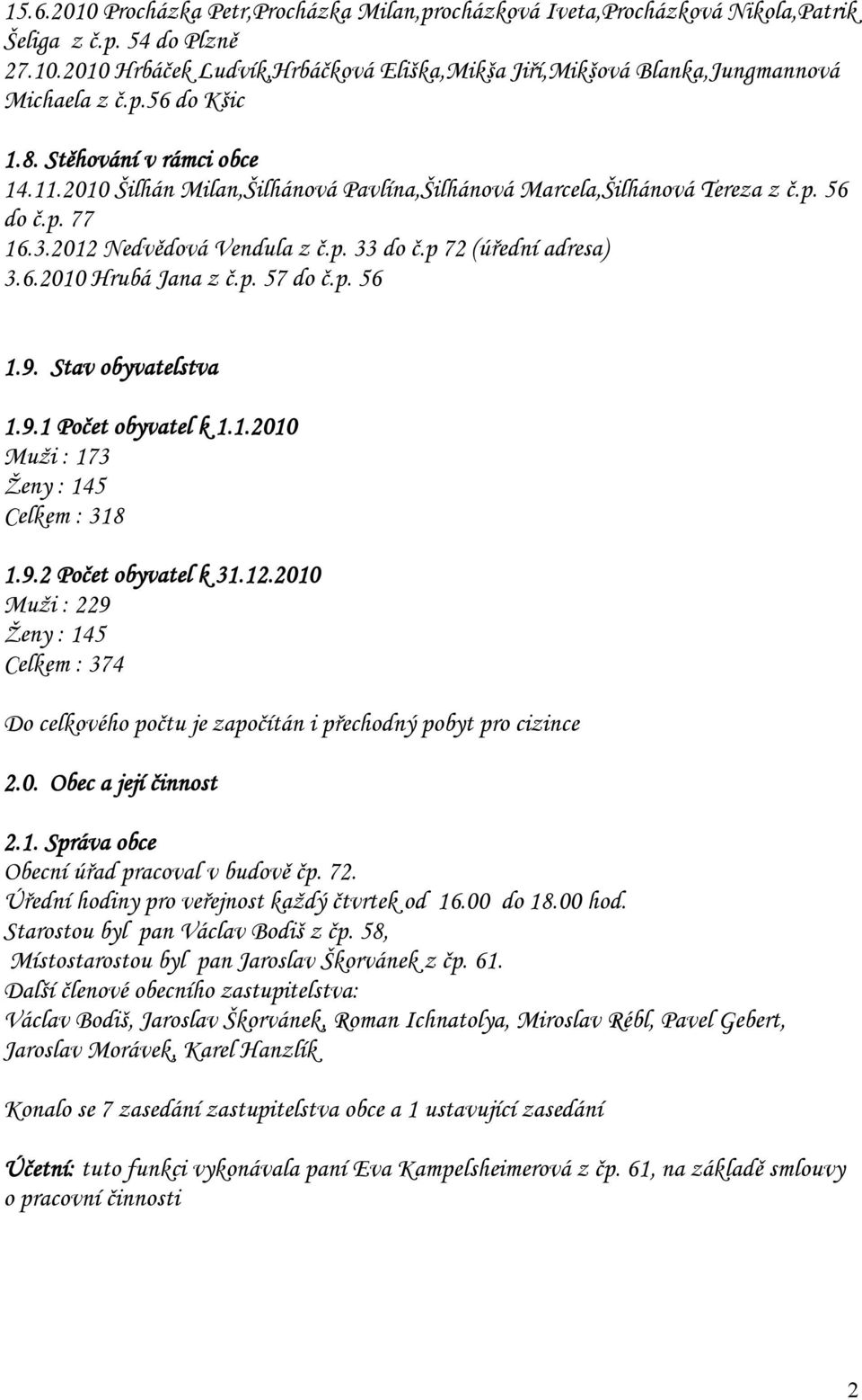 p 72 (úřední adresa) 3.6.2010 Hrubá Jana z č.p. 57 do č.p. 56 1.9. Stav obyvatelstva 1.9.1 Počet obyvatel k 1.1.2010 Muži : 173 Ženy : 145 Celkem : 318 1.9.2 Počet obyvatel k 31.12.