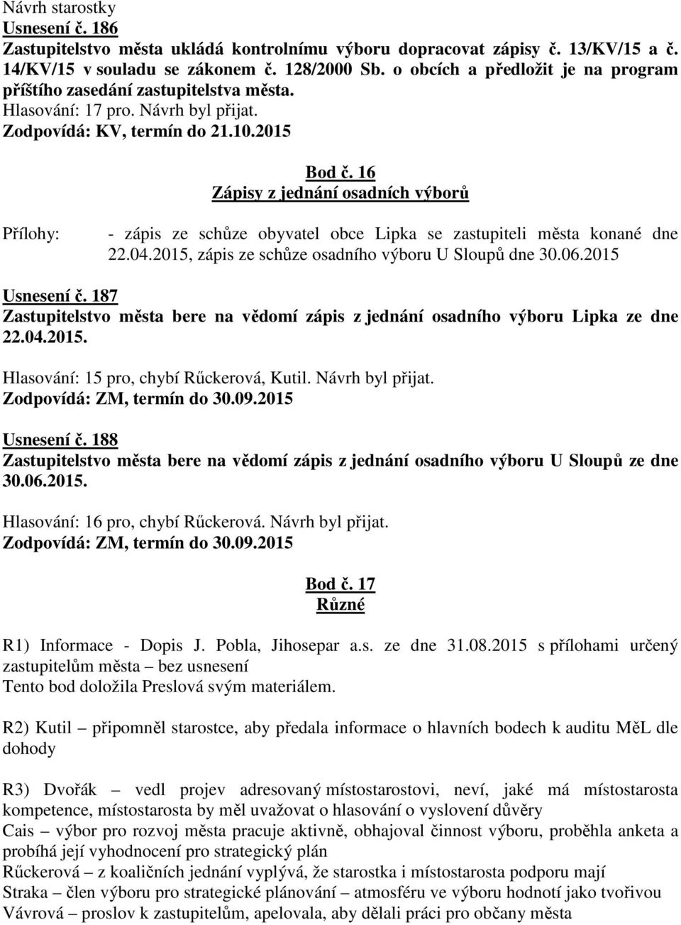 16 Zápisy z jednání osadních výborů - zápis ze schůze obyvatel obce Lipka se zastupiteli města konané dne 22.04.2015, zápis ze schůze osadního výboru U Sloupů dne 30.06.2015 Usnesení č.