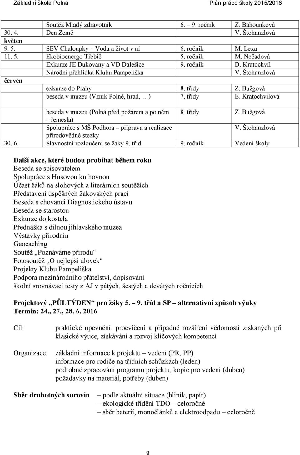 třídy E. Kratchvílvá beseda v muzeu (Plná před pžárem a p něm 8. třídy Z. Bužgvá řemesla) Splupráce s MŠ Pdhra příprava a realizace V. Šthanzlvá přírdvědné stezky 30. 6. Slavnstní rzlučení se žáky 9.