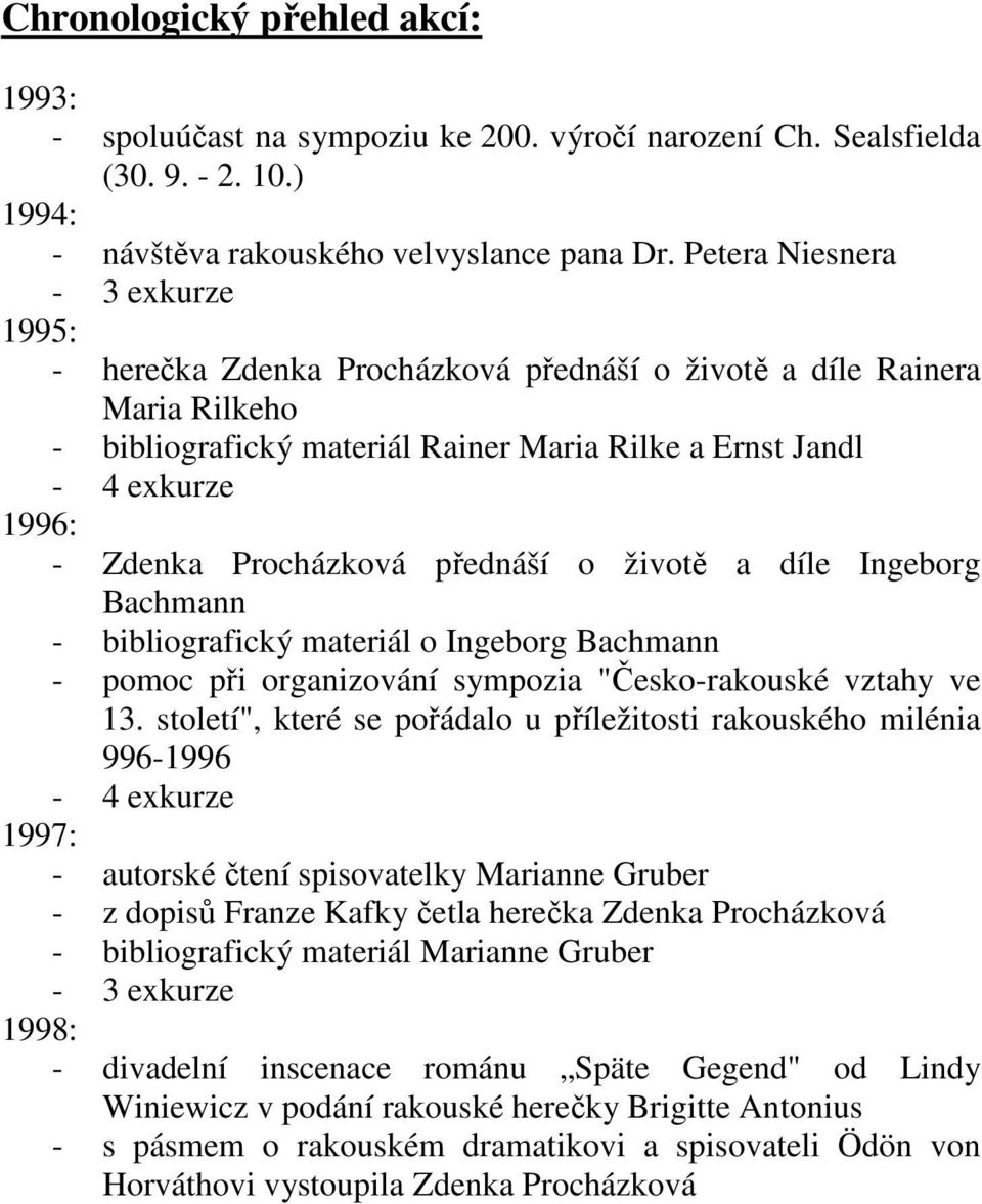 Procházková přednáší o životě a díle Ingeborg Bachmann - bibliografický materiál o Ingeborg Bachmann - pomoc při organizování sympozia "Česko-rakouské vztahy ve 13.