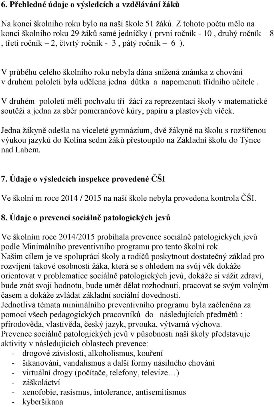 V průběhu celého školního roku nebyla dána snížená známka z chování v druhém pololetí byla udělena jedna důtka a napomenutí třídního učitele.