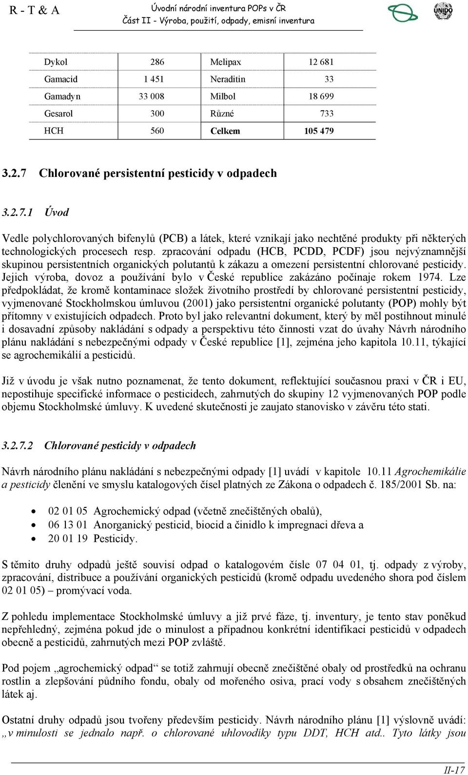 zpracování odpadu (HCB, PCDD, PCDF) jsou nejvýznamnější skupinou persistentních organických polutantů k zákazu a omezení persistentní chlorované pesticidy.