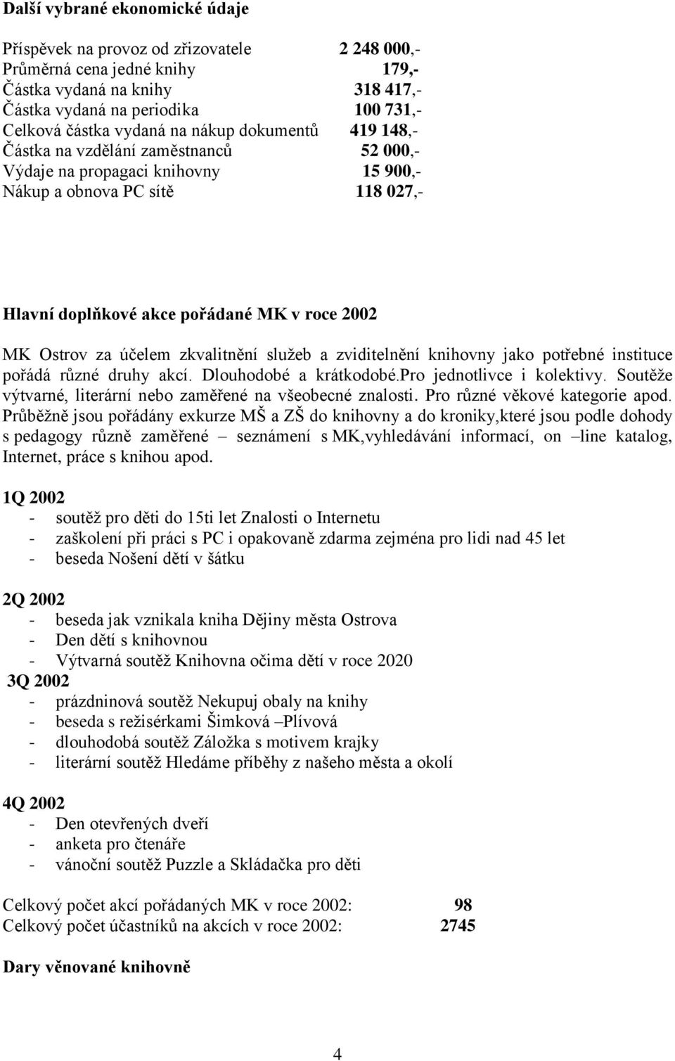 Ostrov za účelem zkvalitnění služeb a zviditelnění knihovny jako potřebné instituce pořádá různé druhy akcí. Dlouhodobé a krátkodobé.pro jednotlivce i kolektivy.