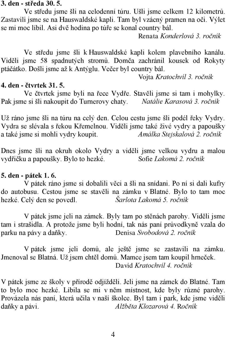 Domča zachránil kousek od Rokyty ptáčátko. Došli jsme až k Antýglu. Večer byl country bál. Vojta Kratochvíl 3. ročník 4. den - čtvrtek 31. 5. Ve čtvrtek jsme byli na řece Vydře.