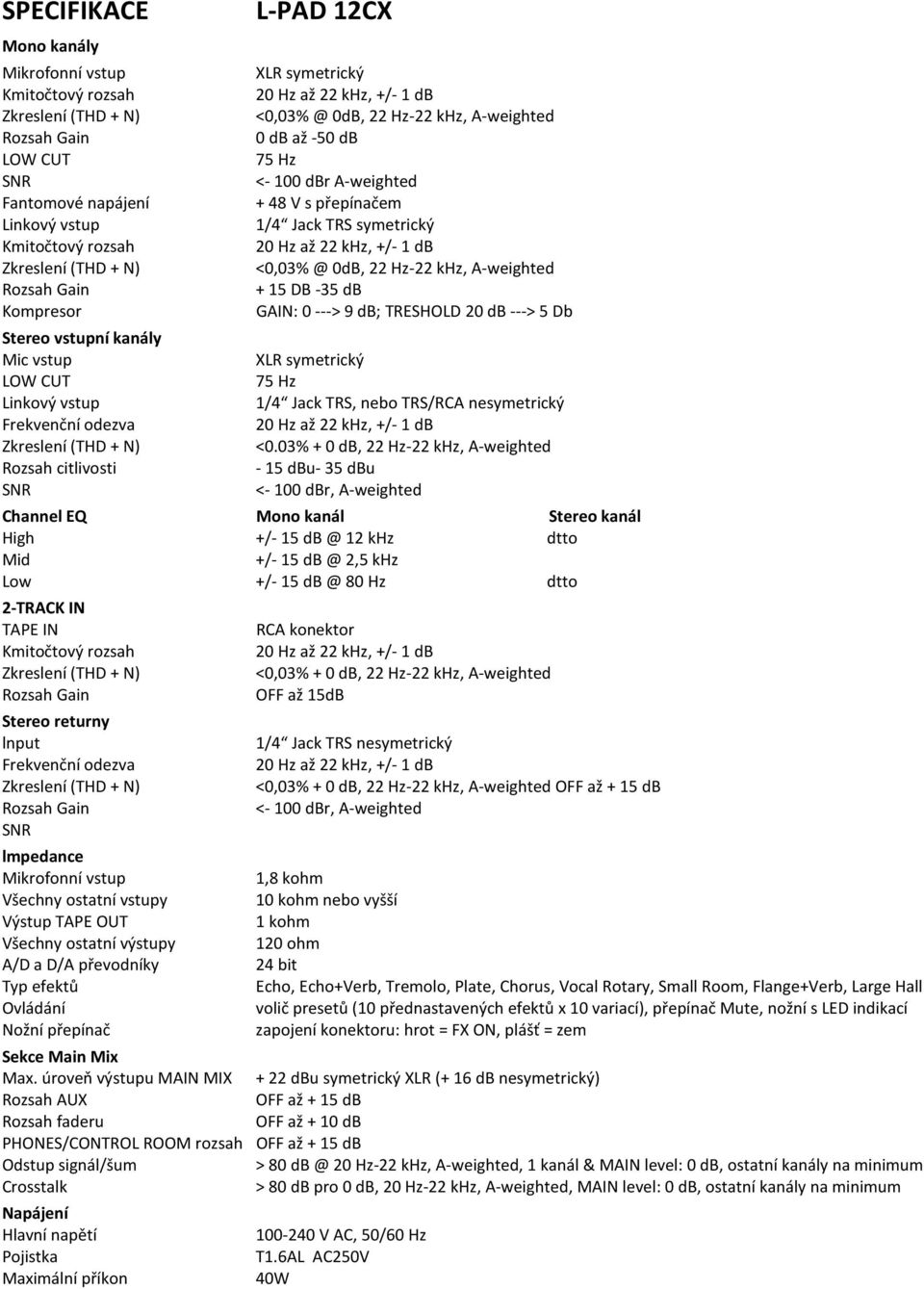 Hz-22 khz, A-weighted Rozsah Gain + 15 DB -35 db Kompresor GAIN: 0 ---> 9 db; TRESHOLD 20 db ---> 5 Db Stereo vstupní kanály Mic vstup XLR symetrický LOW CUT 75 Hz Linkový vstup 1/4 Jack TRS, nebo
