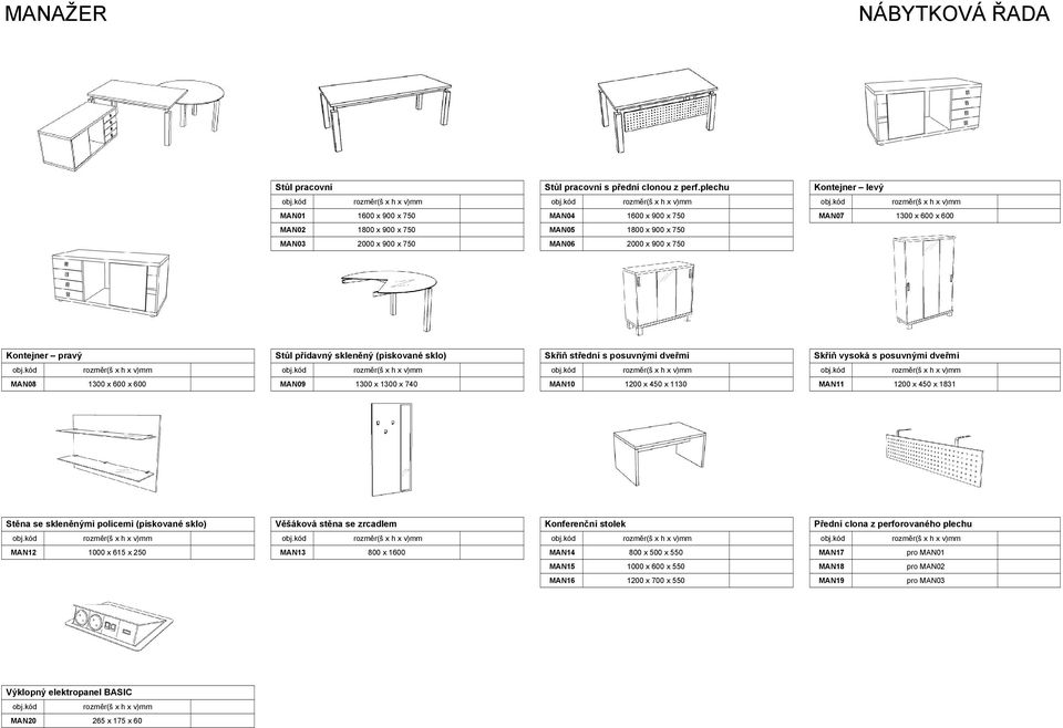 kód MAN01 1600 x 900 x 750 MAN04 1600 x 900 x 750 MAN07 1300 x 600 x 600 MAN02 1800 x 900 x 750 MAN05 1800 x 900 x 750 MAN03 2000 x 900 x 750 MAN06 2000 x 900 x 750 Kontejner pravý Stůl přídavný