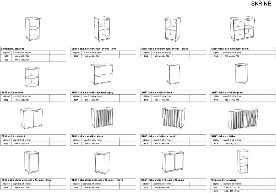 N08 400 x 400 x 774 N09 400 x 400 x 774 Skříň nízká, s dveřmi Skříň nízká, s roletkou - levá Skříň nízká, s roletkou pravá Skříň nízká, s roletkou N10 800 x 400 x 774 N11 800 x 400 x 774 N12 800 x