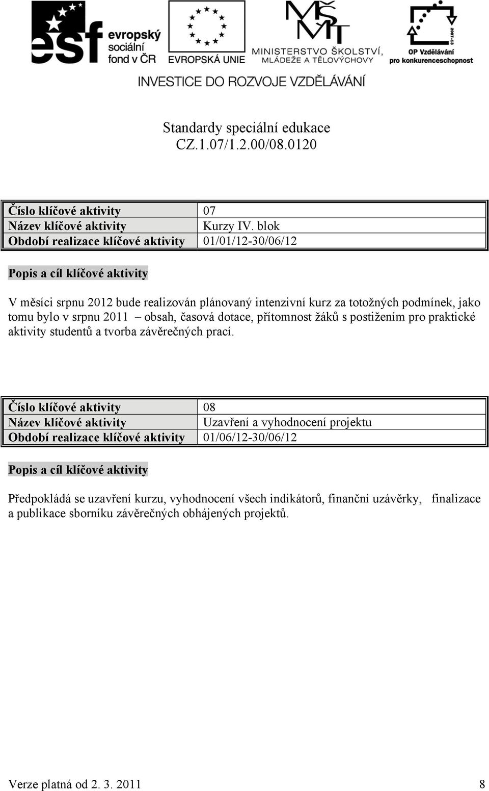 podmínek, jako tomu bylo v srpnu 2011 obsah, časová dotace, přítomnost žáků s postižením pro praktické aktivity studentů a tvorba závěrečných prací.