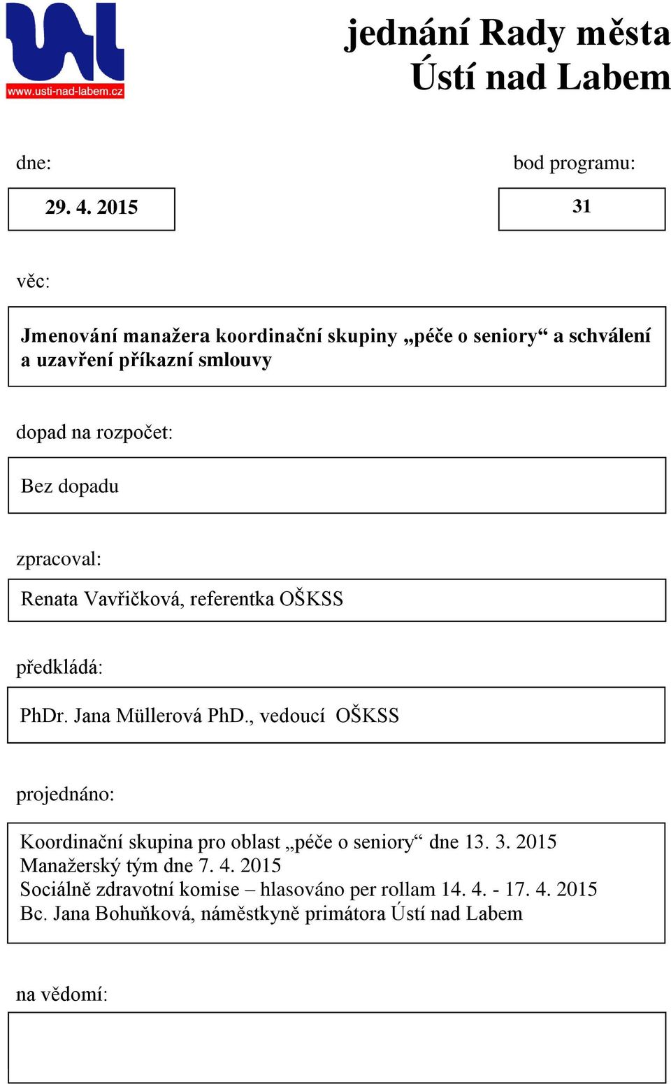 rozpočet: Bez dopadu zpracoval: Renata Vavřičková, referentka OŠKSS předkládá: PhDr. Jana Müllerová PhD.