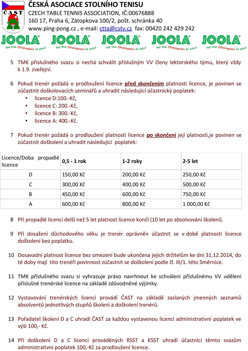 -Kč, licence C: 200.-Kč, licence B: 300.-Kč, licence A: 400.-Kč. 7 Pokud trenér požádá o prodloužení platnosti licence po skončení její platnosti,je povinen se zúčastnit doškolení a uhradit