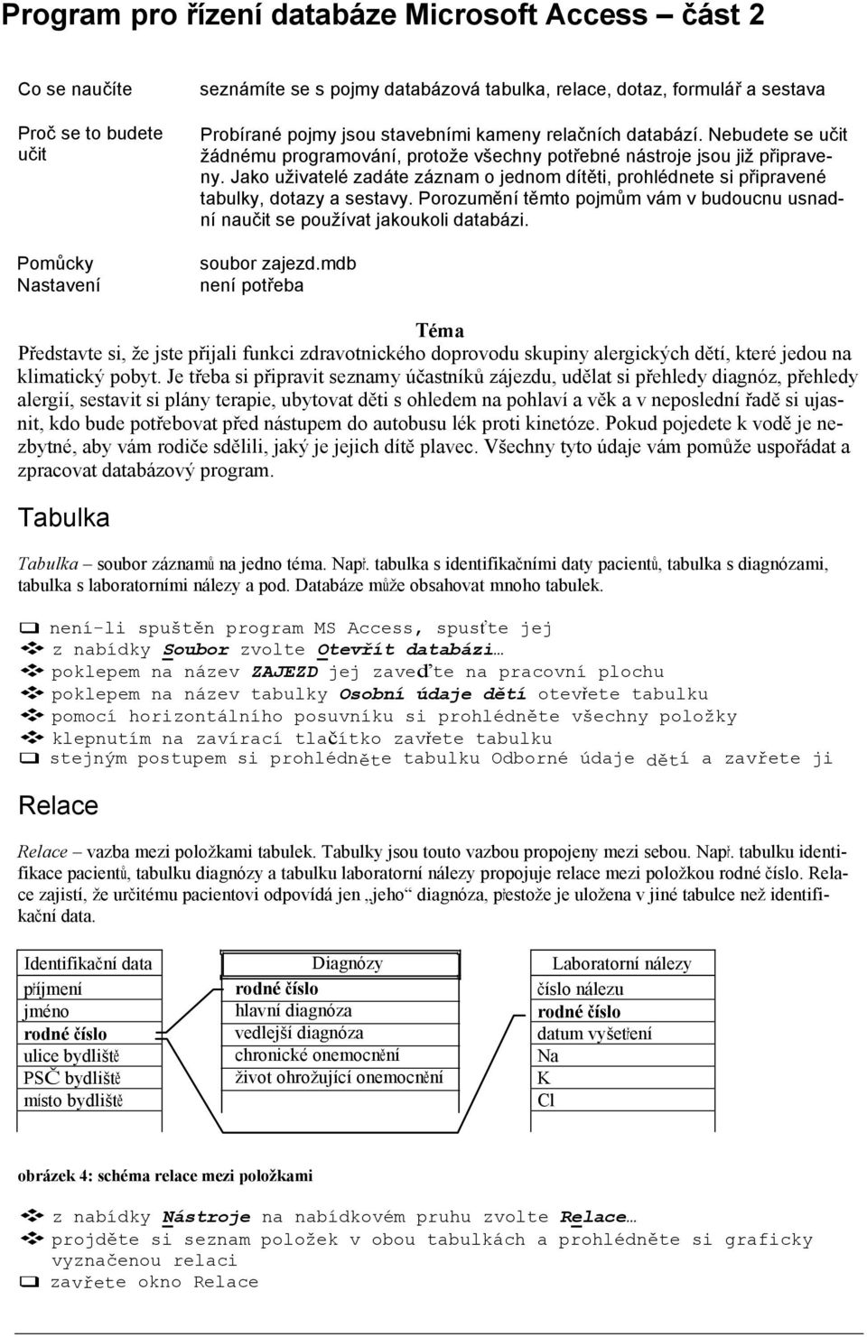 Jako uživatelé zadáte záznam o jednom dítěti, prohlédnete si připravené tabulky, dotazy a sestavy. Porozumění těmto pojmům vám v budoucnu usnadní naučit se používat jakoukoli databázi. soubor zajezd.