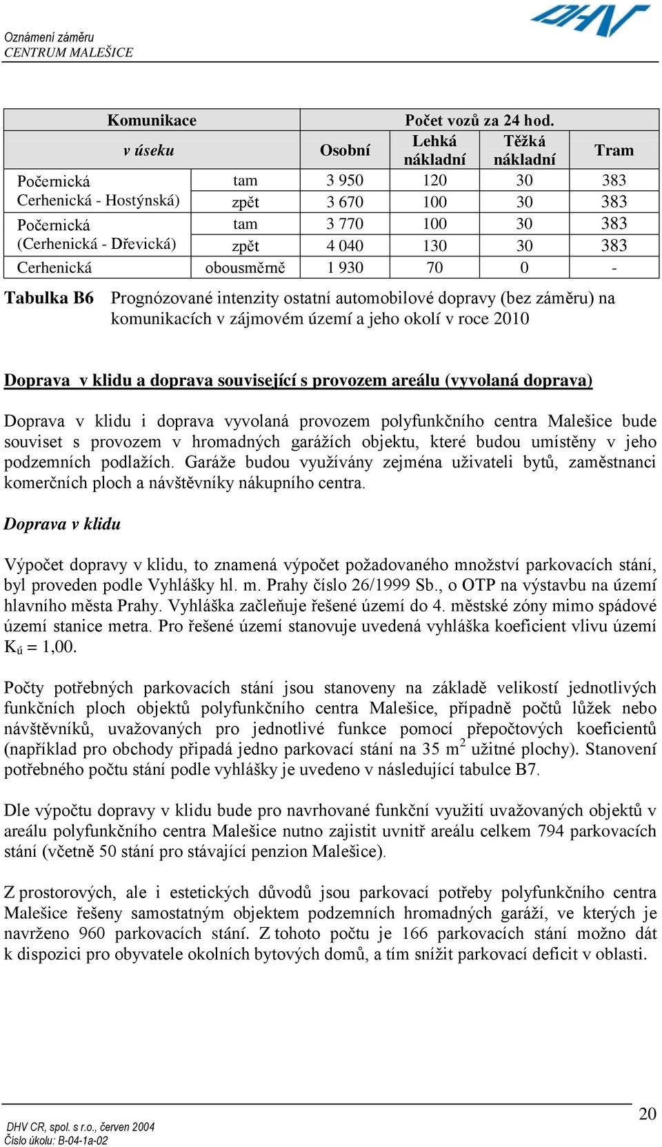30 383 Cerhenická obousměrně 1 930 70 0 - Tabulka B6 Prognózované intenzity ostatní automobilové dopravy (bez záměru) na komunikacích v zájmovém území a jeho okolí v roce 2010 Doprava v klidu a