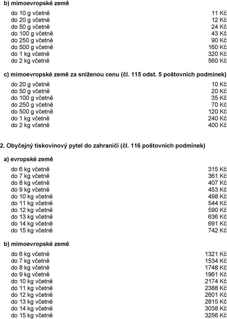 5 poštovních podmínek) do 20 g včetně 10 Kč do 50 g včetně 20 Kč do 100 g včetně 35 Kč do 250 g včetně 70 Kč do 500 g včetně 120 Kč do 1 kg včetně 240 Kč do 2 kg včetně 400 Kč 2.