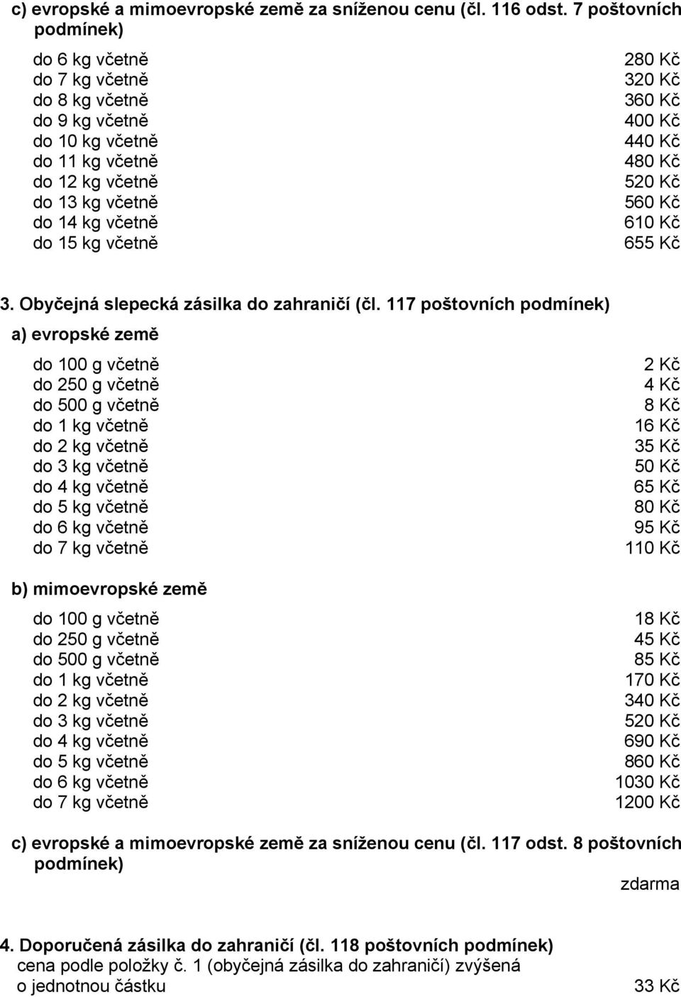 Kč do 14 kg včetně 610 Kč do 15 kg včetně 655 Kč 3. Obyčejná slepecká zásilka do zahraničí (čl.