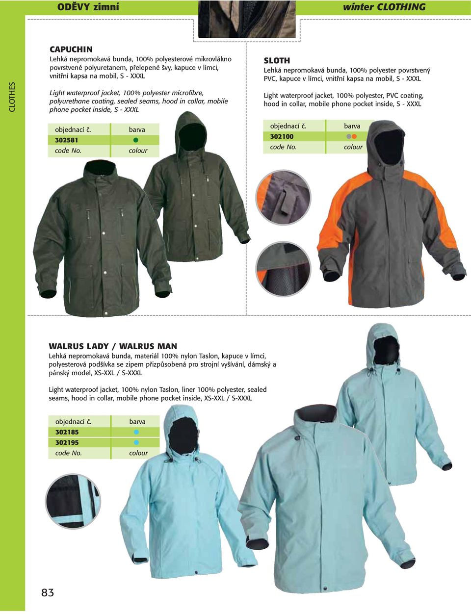 límci, vnitřní kapsa na mobil, S - XXXL Light waterproof jacket, 100% polyester, PVC coating, hood in collar, mobile phone pocket inside, S - XXXL 302581 302100 WALRUS LADY / WALRUS MAN Lehká