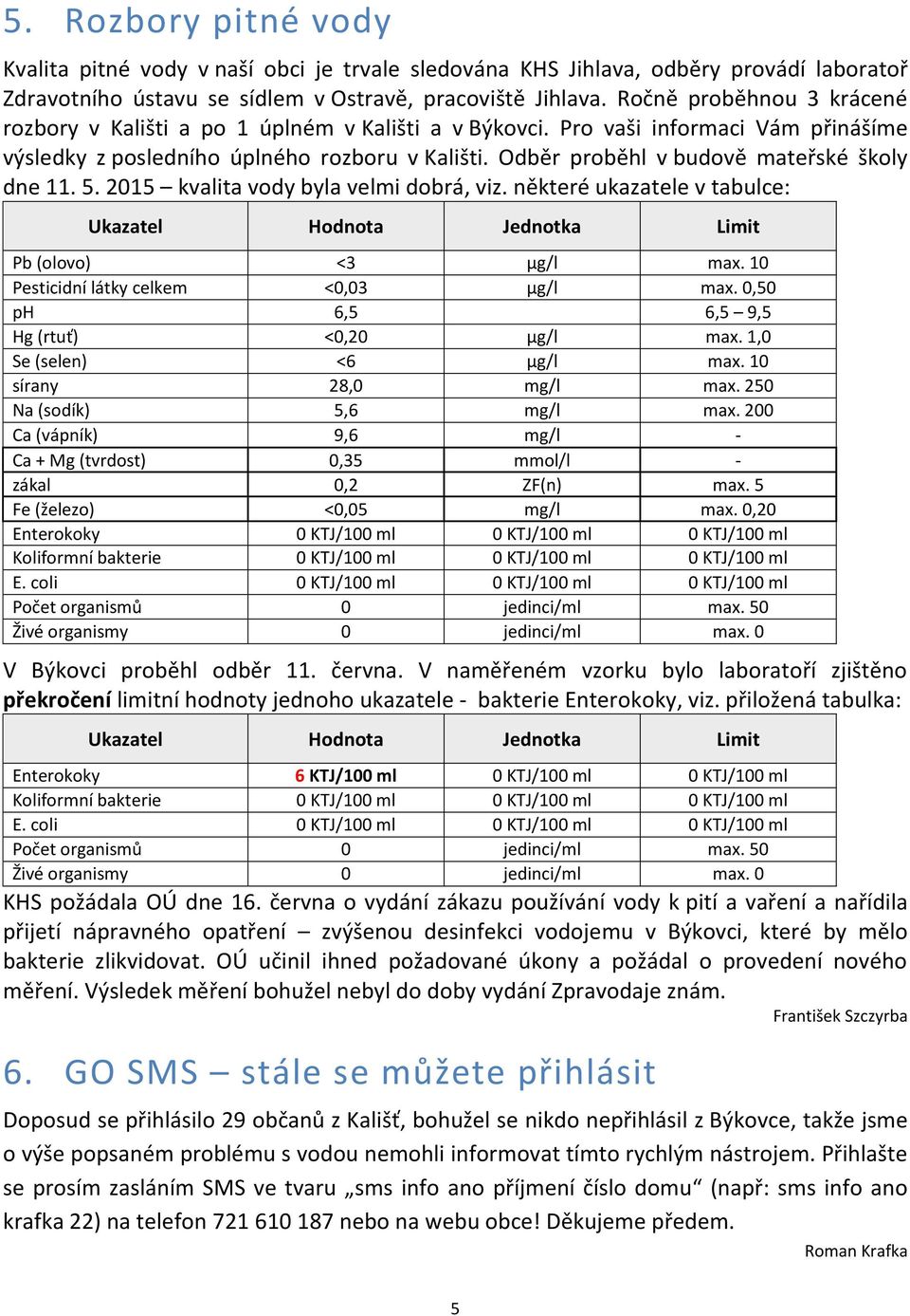 Odběr proběhl v budově mateřské školy dne 11. 5. 2015 kvalita vody byla velmi dobrá, viz. některé ukazatele v tabulce: Ukazatel Hodnota Jednotka Limit Pb (olovo) <3 µg/l max.
