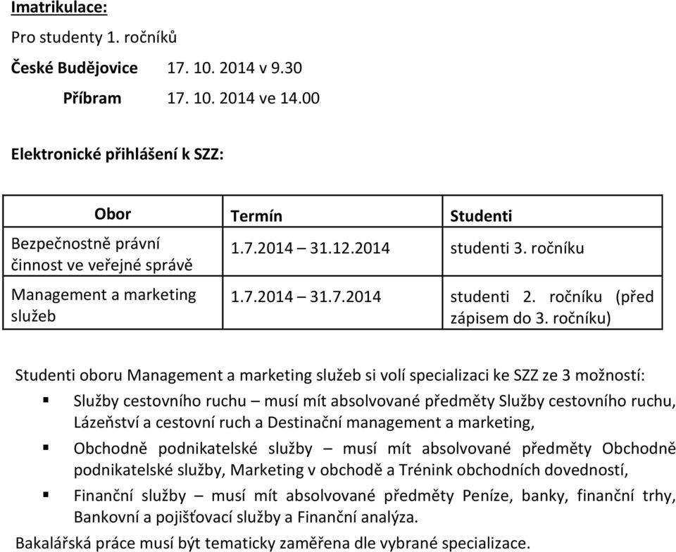 ročníku) Studenti oboru si volí specializaci ke SZZ ze 3 možností: Služby cestovního ruchu musí mít absolvované předměty Služby cestovního ruchu, Lázeňství a cestovní ruch a Destinační management a