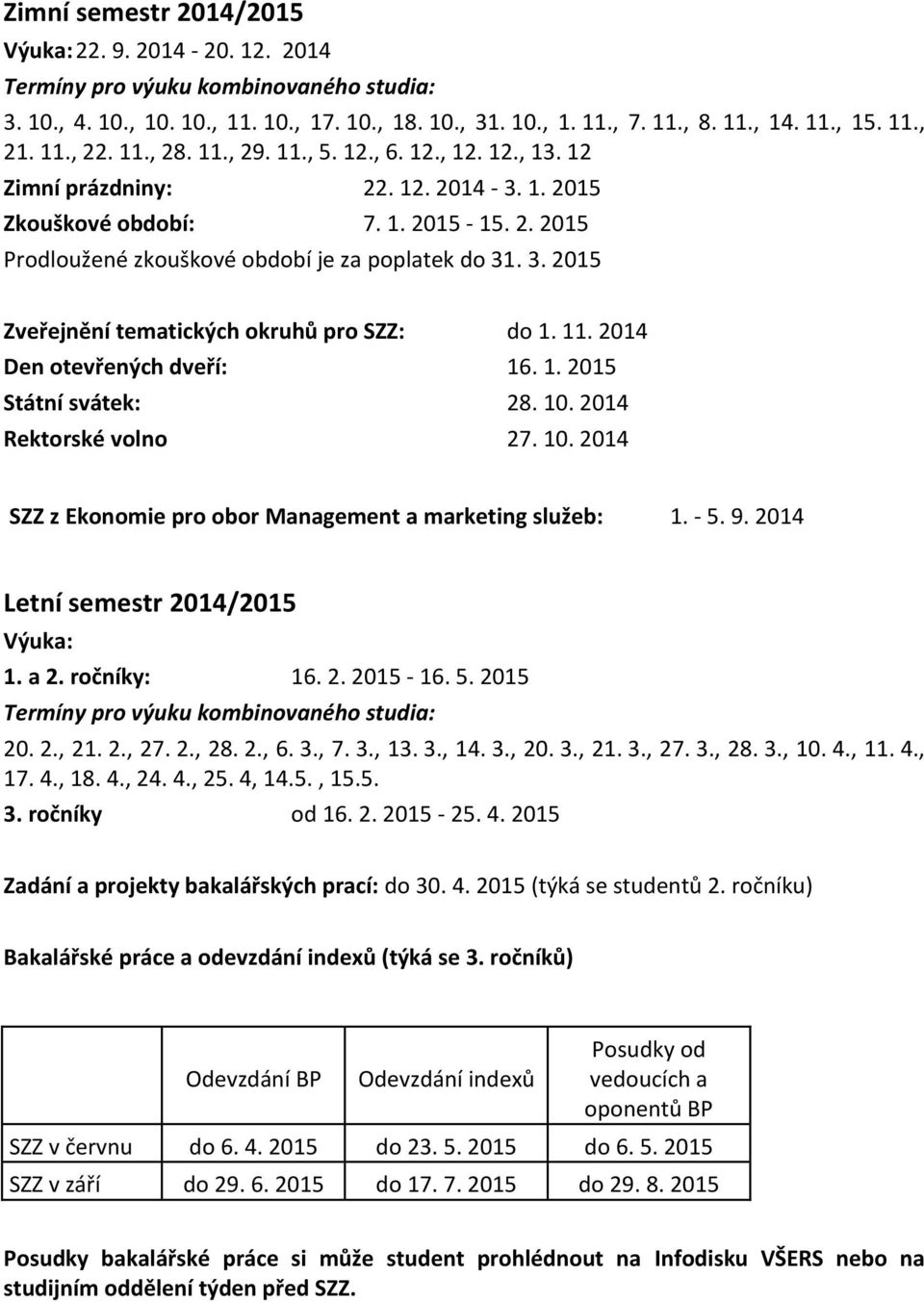 . 3. 2015 Zveřejnění tematických okruhů pro SZZ: do 1. 11. 2014 Den otevřených dveří: 16. 1. 2015 Státní svátek: 28. 10. 2014 Rektorské volno 27. 10. 2014 SZZ z Ekonomie pro obor : 1. - 5. 9.