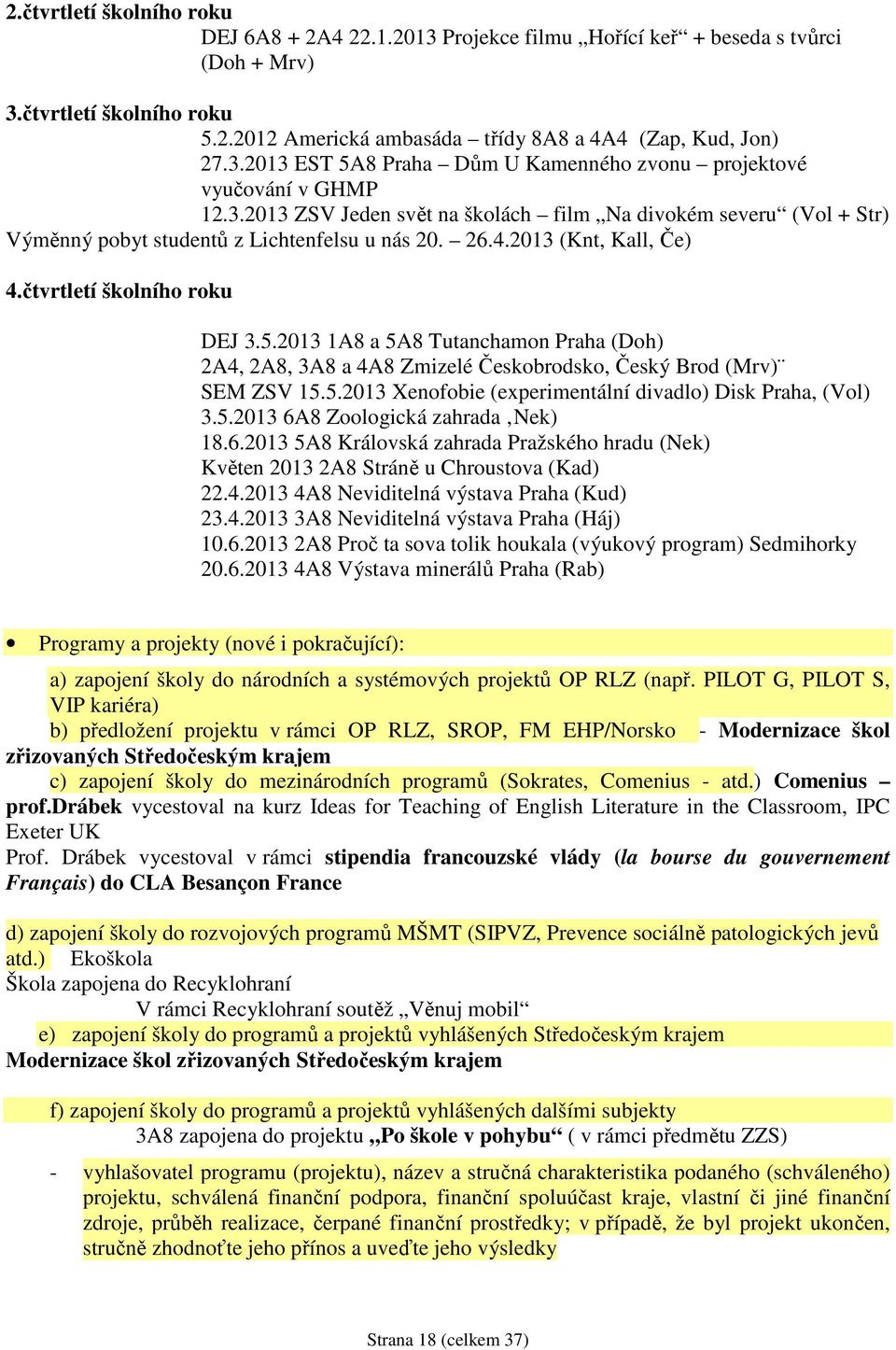 2013 1A8 a 5A8 Tutanchamon Praha (Doh) 2A4, 2A8, 3A8 a 4A8 Zmizelé Českobrodsko, Český Brod (Mrv) SEM ZSV 15.5.2013 Xenofobie (experimentální divadlo) Disk Praha, (Vol) 3.5.2013 6A8 Zoologická zahrada Nek) 18.