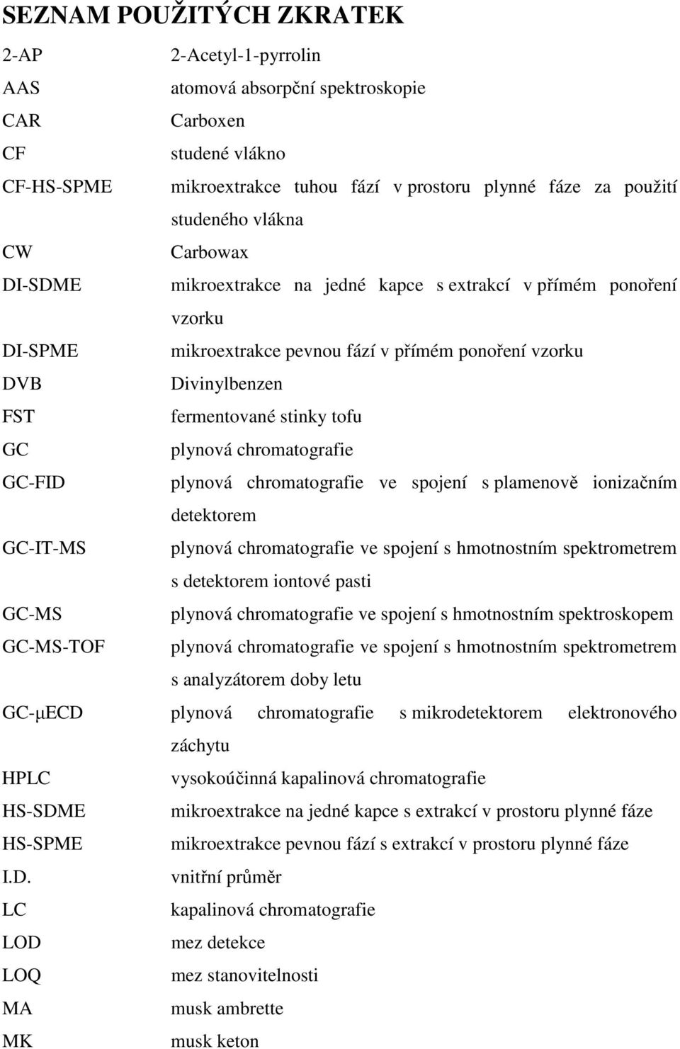 GC plynová chromatografie GC-FID plynová chromatografie ve spojení s plamenově ionizačním detektorem GC-IT-MS plynová chromatografie ve spojení s hmotnostním spektrometrem s detektorem iontové pasti