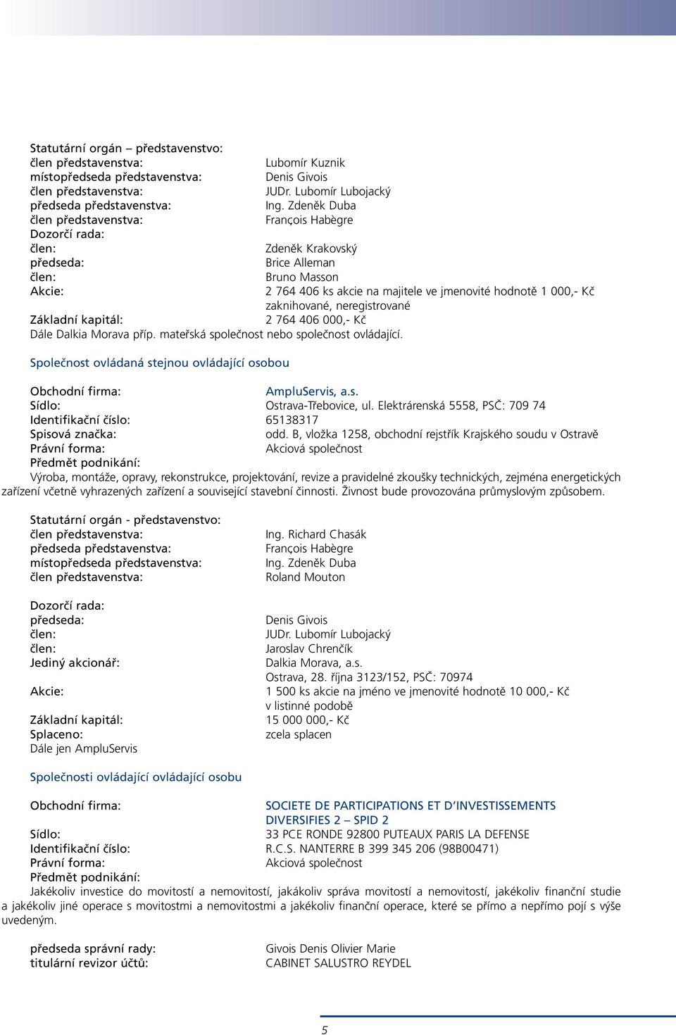 Základní kapitál: 2 764 406 000,- Kč Dále Dalkia Morava příp. mateřská společnost nebo společnost ovládající. Společnost ovládaná stejnou ovládající osobou AmpluServis, a.s. Sídlo: Ostrava-Třebovice, ul.