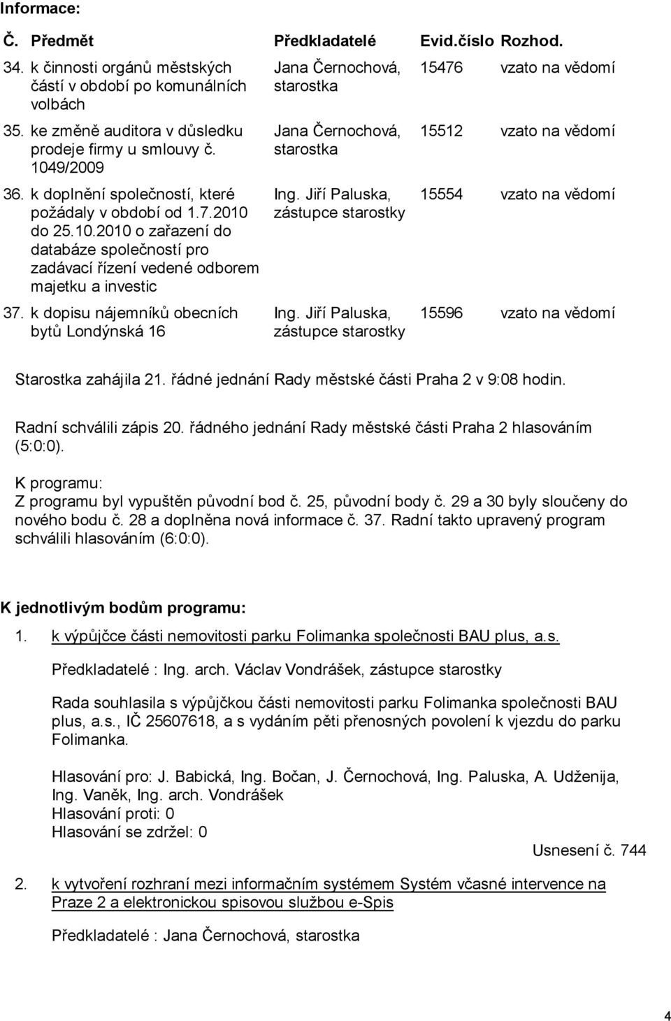 k dopisu nájemníků obecních bytů Londýnská 16 Jana Černochová, starostka Jana Černochová, starostka Ing. Jiří Paluska, zástupce starostky Ing.