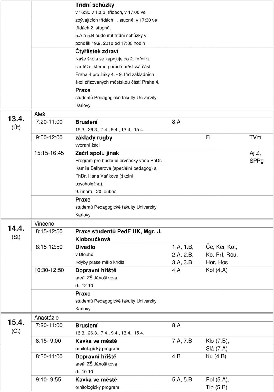 Hana Vaňková (školní psycholožka). 9. února - 20. dubna Vincenc 8:15-12:50 studentů PedF UK, Mgr. J. Kloboučková 8:15-12:50 Divadlo 1.A, 1.B, Če, Kei, Kot, v Dlouhé 2.A, 2.