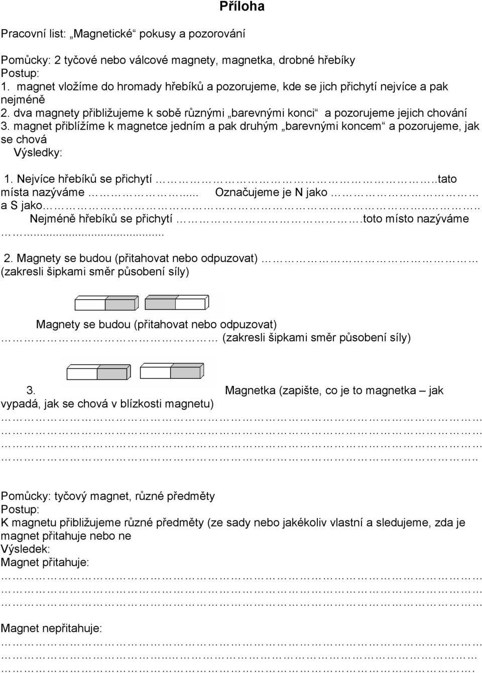 magnet přiblížíme k magnetce jedním a pak druhým barevnými koncem a pozorujeme, jak se chová Výsledky: 1. Nejvíce hřebíků se přichytí..tato místa nazýváme... Označujeme je N jako a S jako.