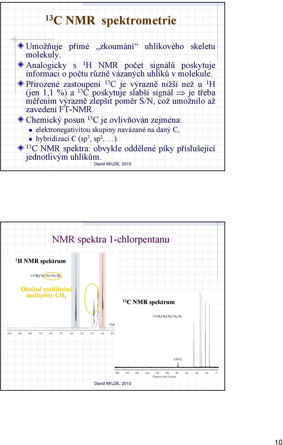 Přirozené zastoupení 13 C je výrazně nižší než u 1 H (jen 1,1 %) a 13 C poskytuje slabší signál je třeba měřením výrazně zlepšit poměr S/N, což umožnilo až zavedení