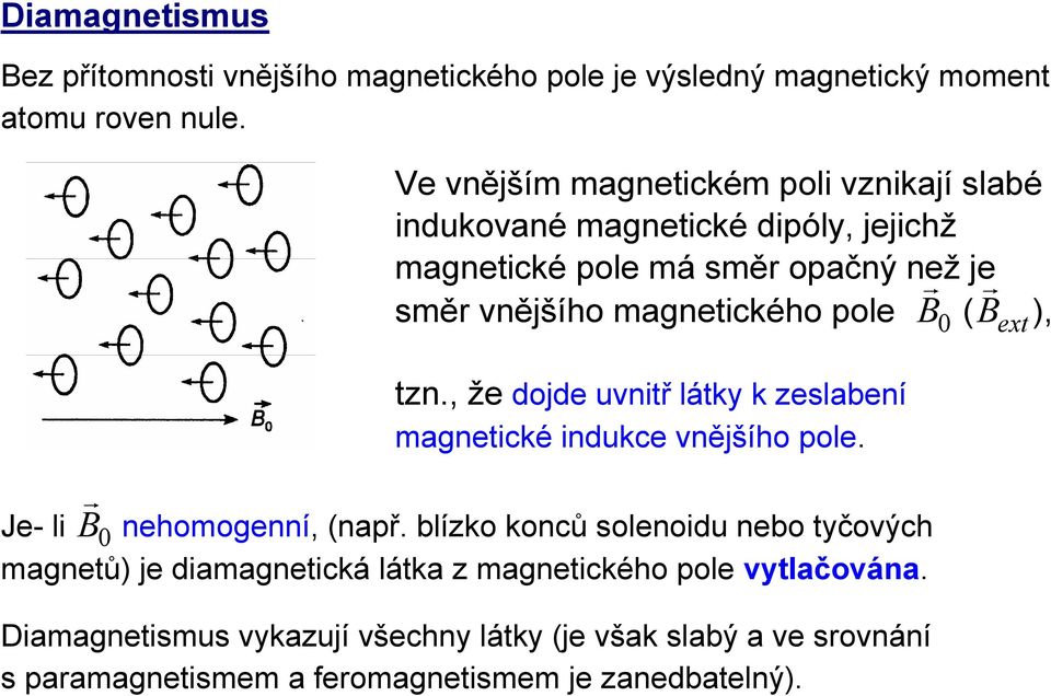 pole B 0 ( B ext ), tzn., že dojde uvnitř látky k zeslabení magnetické indukce vnějšího pole. Je- li B 0 nehomogenní, (např.