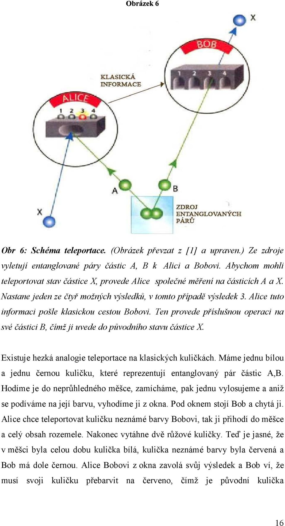 lice tuto informaci pošle klasickou cestou obovi. Ten provede příslušnou operaci na své částici, čímž ji uvede do původního stavu částice. Existuje hezká analogie teleportace na klasických kuličkách.