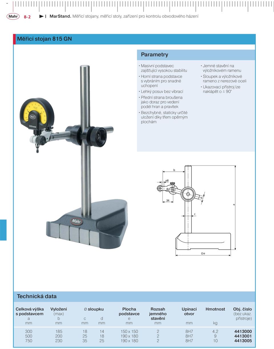 Ukazovací přístroj lze naklápět o ± 90 b d a c e Celková výška Vyložení Ø sloupku Plocha Rozsah Upínací Hmotnost Obj.