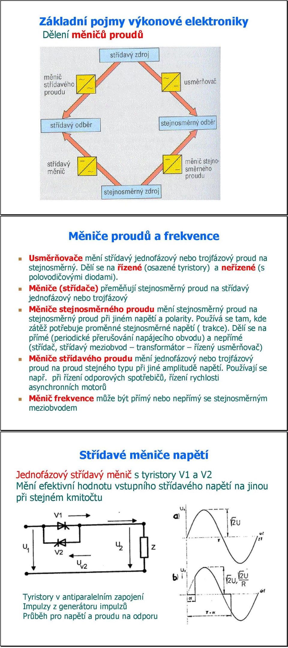 Měniče (střídače) přeměňují stejnosměrný proud na střídavý jednofázový nebo trojfázový Měniče stejnosměrného proudu mění stejnosměrný proud na stejnosměrný proud při jiném napětí a polarity.