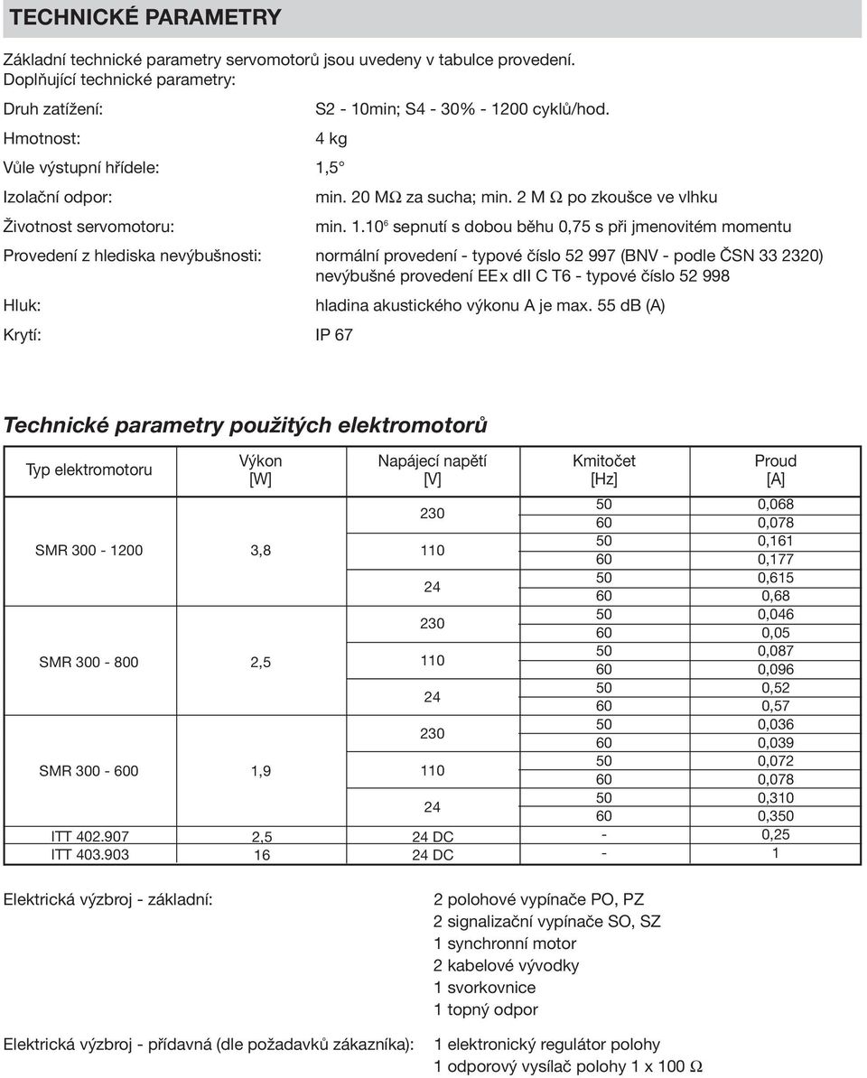 5 Izolační odpor: min. 20 MΩ za sucha; min. 2 M Ω po zkoušce ve vlhku Životnost servomotoru: min. 1.