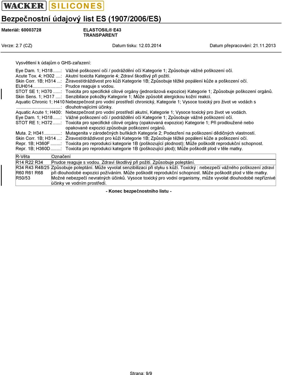 ..: Prudce reaguje s vodou. STOT SE 1; H370...: Toxicita pro specifické cílové orgány (jednorázová expozice) Kategorie 1; Způsobuje poškození orgánů. Skin Sens. 1; H317.