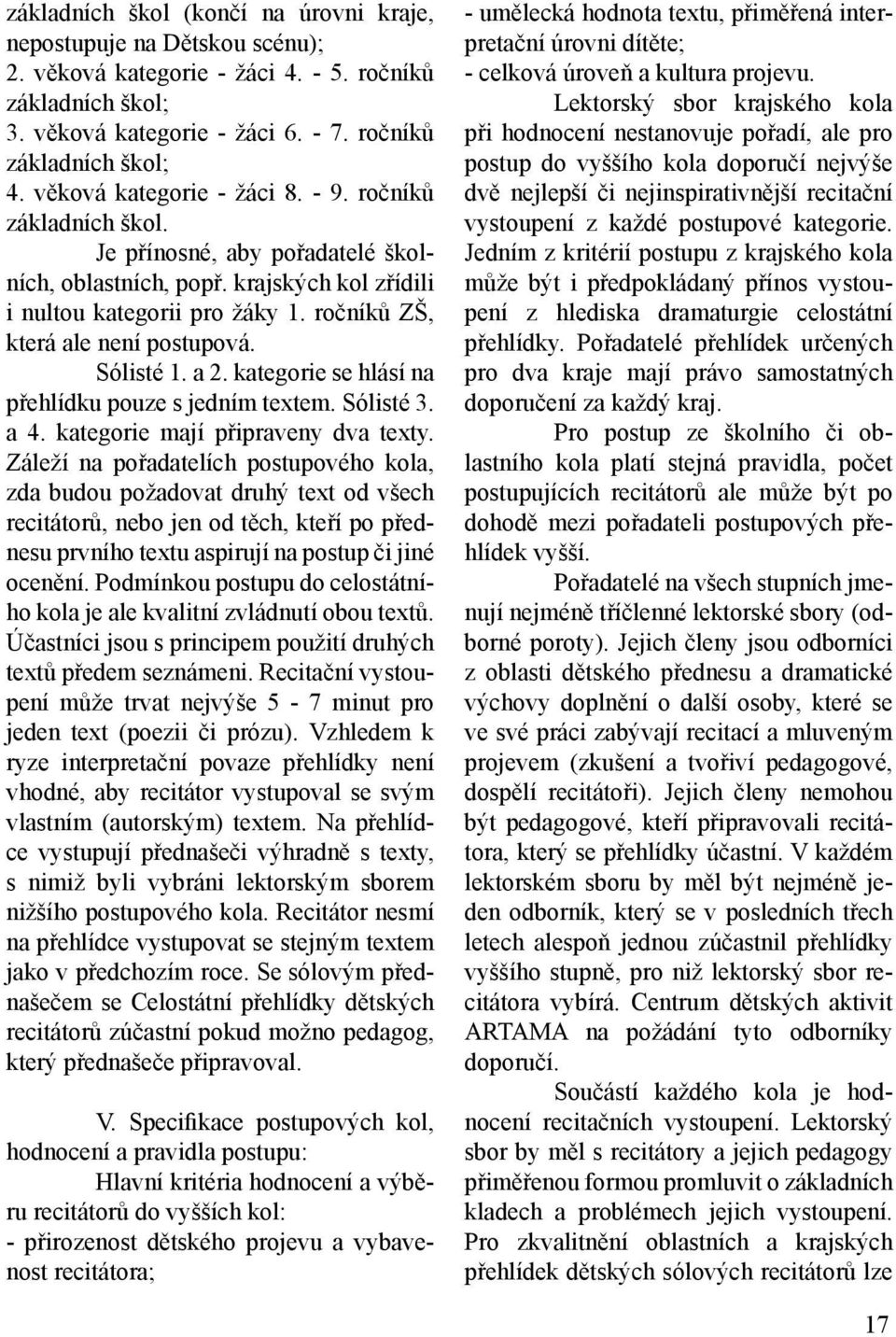 ročníků ZŠ, která ale není postupová. Sólisté 1. a 2. kategorie se hlásí na přehlídku pouze s jedním textem. Sólisté 3. a 4. kategorie mají připraveny dva texty.