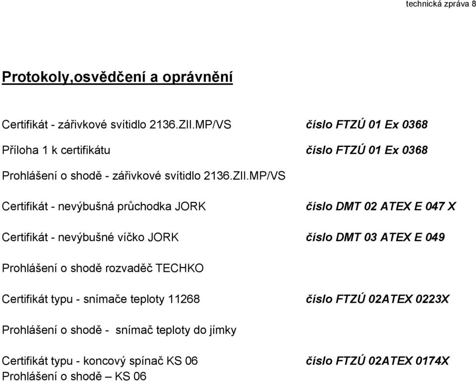 MP/VS Certifikát - nevýbušná průchodka JORK číslo DMT 02 ATEX E 047 X Certifikát - nevýbušné víčko JORK číslo DMT 03 ATEX E 049 Prohlášení o