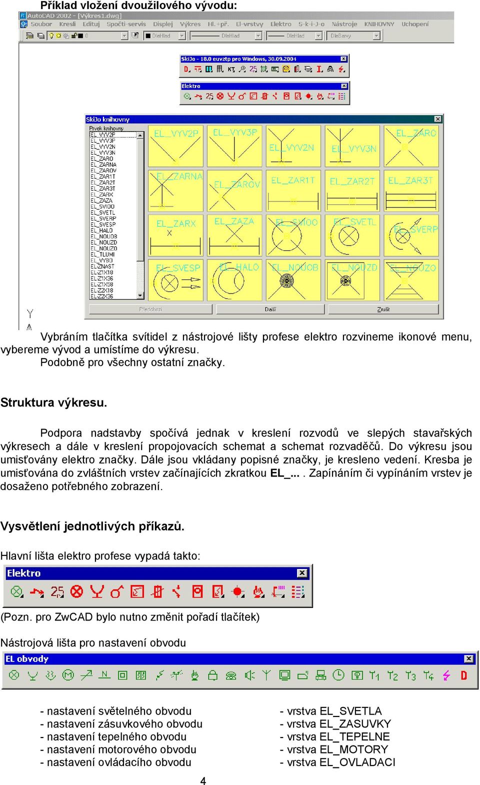 Do výkresu jsou umisťovány elektro značky. Dále jsou vkládany popisné značky, je kresleno vedení. Kresba je umisťována do zvláštních vrstev začínajících zkratkou EL_.