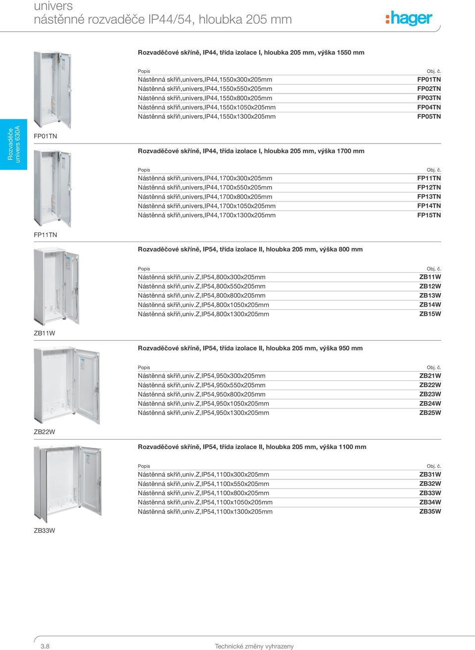 FP04TN Nástěnná skříň,univers,ip44,1550x1300x205mm FP05TN Rozvaděče univers 630A FP01TN Rozvaděčové skříně, IP44, třída izolace I, hloubka 205 mm, výška 1700 mm Obj. č.