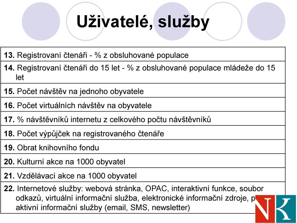 Počet výpůjček na registrovaného čtenáře 19. Obrat knihovního fondu 20. Kulturní akce na 1000 obyvatel 21. Vzdělávací akce na 1000 obyvatel 22.